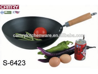 Home carbon steel wok with non-stick ceramic coating and wooden steel handle