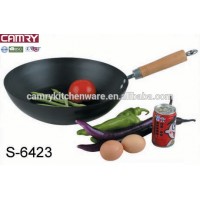 Home carbon steel wok with non-stick ceramic coating and wooden steel handle